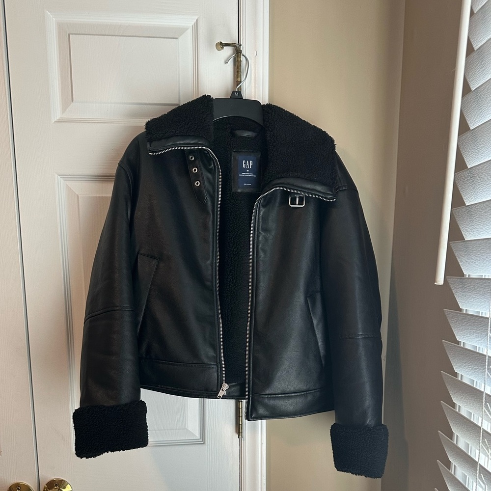 GAP Black Faux Leather Jacket with Shearling Lining
